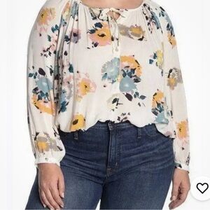 Lucky Brand Floral Blouse in Cream and Blue